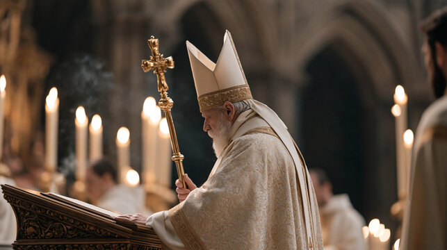Elderly bishop in ornate vestments standing at carved wooden cathedral altar during solemn high mass, golden candlelight illuminating his mitre and crozier staff, incense smoke