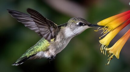 Fototapeta premium hummingbird. A hummingbird feeding from a flower, wings creating air vortices in slow motion. wildlife magazines, conservation campaigns, designed for wildlife conservation campaigns.
