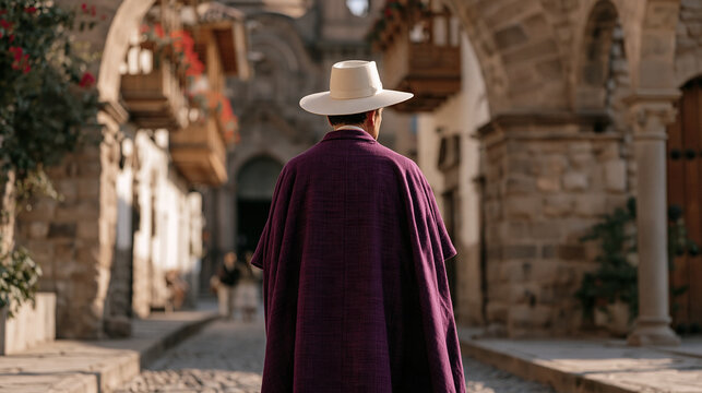 Peruvian bishop in purple cassock walking narrow cobblestone alley of historic colonial city toward cathedral entrance at dawn, traditional stone archways and flowering balconies