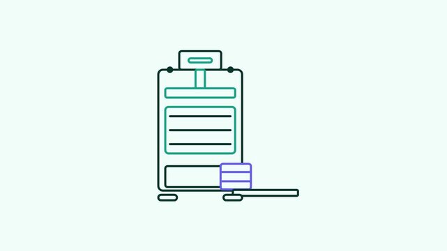 Seamless 4K looping animation of a flat bale press icon ejecting bale, centred on a clean light background with plenty of copy space. Bold outlined vector shapes in teal and turquoise and smooth repea