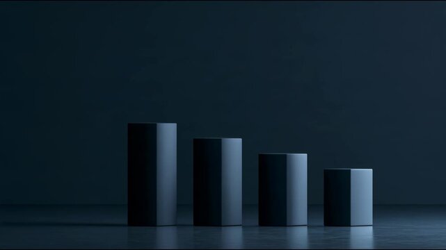Four dark descending columns in minimalist graphic style on a blue-black background, conveying business decline and analysis