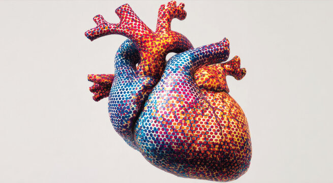 Colorful anatomical heart sculpture covered in red, blue, yellow, and purple dotted patterns, isolated against a light neutral background as medical art