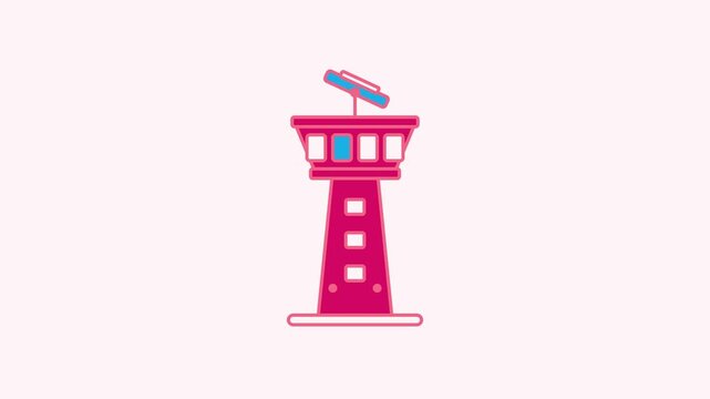 Animated flat control tower icon in a minimal vector style, guiding flights in a smooth 4K seamless loop. The symbol sits isolated in the centre of a bright light background in purple and violet, leav