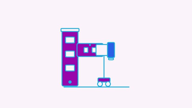 Seamless 4K looping animation of a flat boarding bridge icon extending tunnel, centred on a clean light background with plenty of copy space. Bold outlined vector shapes in purple and violet and smoot