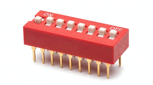 Red dip switch block with multiple toggle settings for electronic board.
