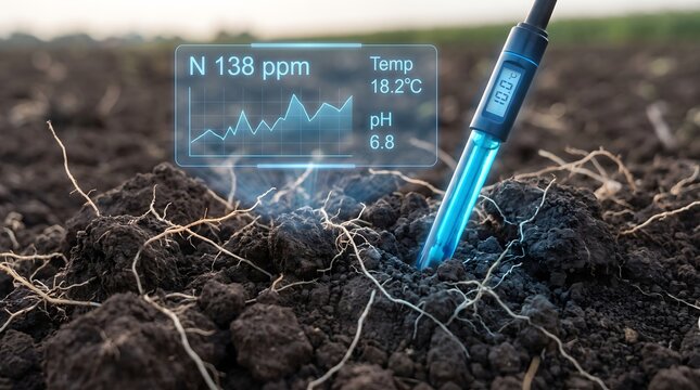 Smart agriculture digital soil testing probe measuring nitrogen level.