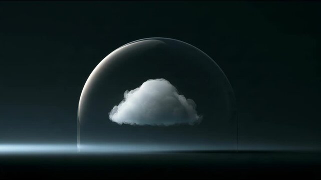 White cloud floating inside a glass dome on a dark gradient background, surreal concept of shelter, climate, and imagination