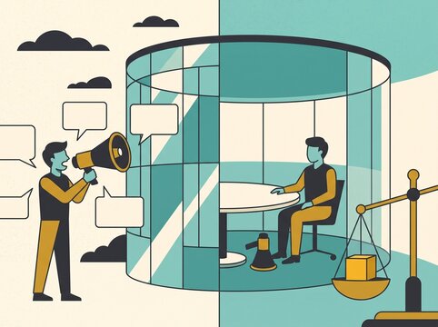 Man with megaphone outside circular glass building and same man seated at round table inside, critic versus advisor concept