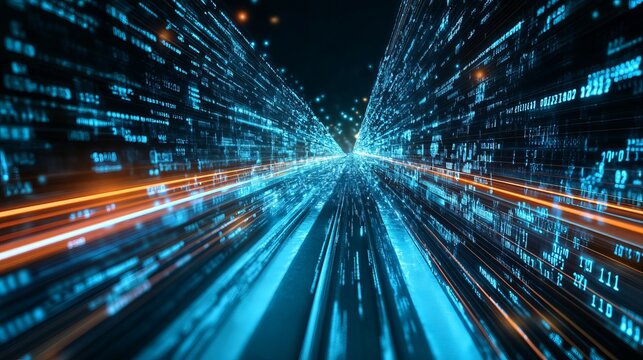 Futuristic digital data highway streaming glowing blue binary code symbols across virtual cyberspace networks with high speed motion blur