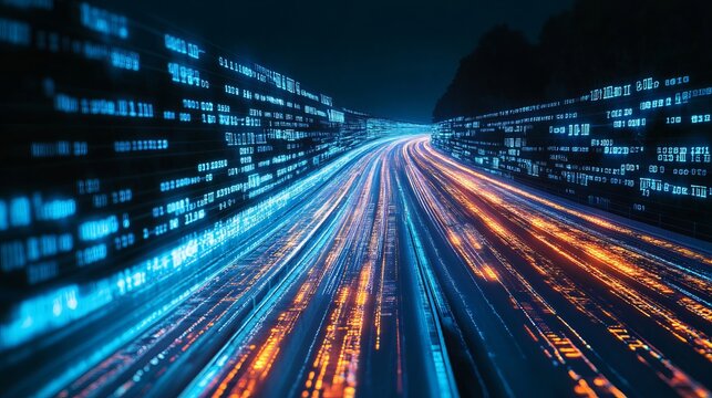 Futuristic highway glowing with digital data stream code lines representing fast internet connectivity speed in modern cyberspace