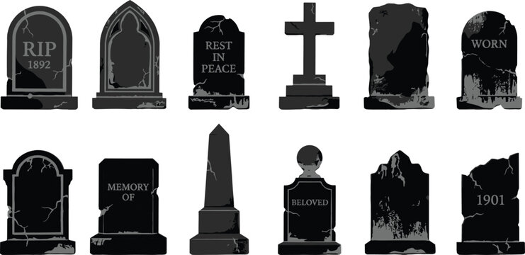 Halloween cemetery icons, spooky grave markers, tombstone silhouettes, weathered headstones with inscriptions RIP, rest in peace, memory of, and worn crosses, creepy graveyard set illustration.