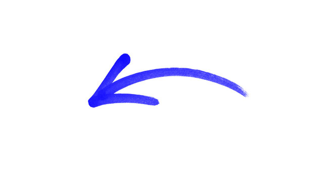 Blue hand drawn curved arrow pointing left, brush stroke doodle arrow icon, sketch style direction pointer for infographic, presentation, web design, business, education and creative graphics