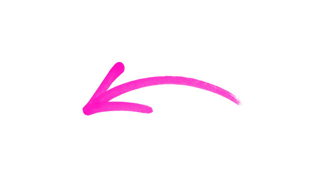 Pink magenta hand drawn curved arrow pointing left, brush stroke doodle arrow icon, sketch style direction pointer for infographic, presentation, web design, business, education and creative graphics