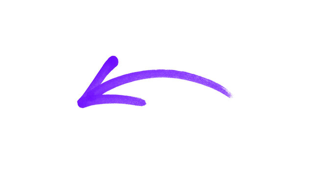 Purple hand drawn curved arrow pointing left, brush stroke doodle arrow icon, sketch style direction pointer for infographic, presentation, web design, business, education and creative graphics