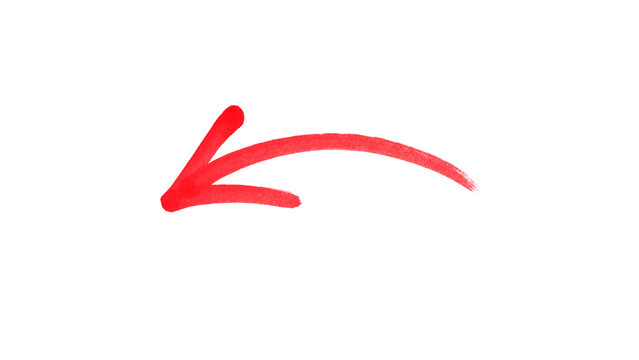 Red hand drawn curved arrow pointing left, brush stroke doodle arrow icon, sketch style direction pointer for infographic, presentation, web design, business, education and creative graphics