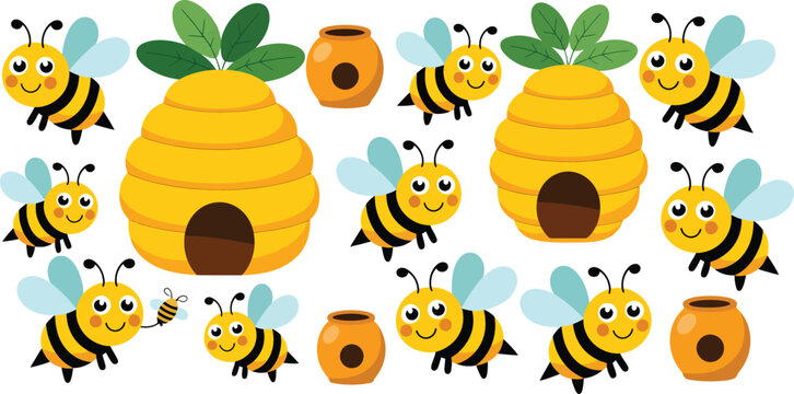 Cute bee mascot, joyful honey bee with wings and hexagon honeycomb cells for beekeeping children activities flower pollination and playful branding