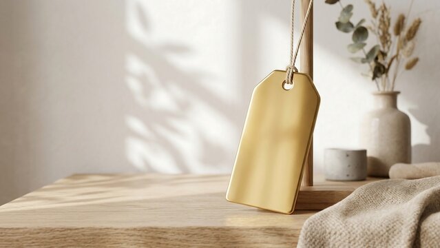 Minimalist Golden Metal Hang Tag Mockup on Wooden Table with Soft Sunlight and Plant Shadows Background, Elegant Luxury Blank Label for Fashion Branding and Product Display