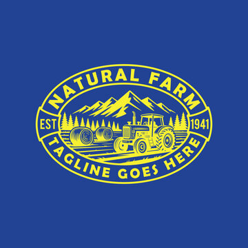 Vintage Natural Farm oval emblem with tractor, hay bales, mountain landscape background and agricultural typography vector illustration