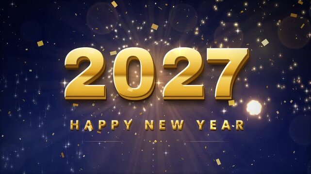 Happy New Year 2027 background loop with metallic numerals fireworks and confetti concept for countdown parties and celebration greetings animation