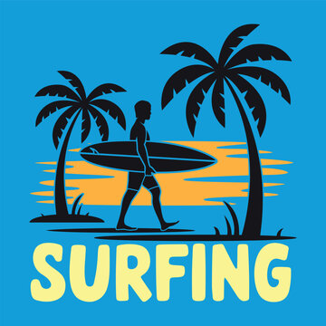 Surfing tropical beach typography emblem with surfer silhouette carrying surfboard, palm trees and sunset ocean vector illustration