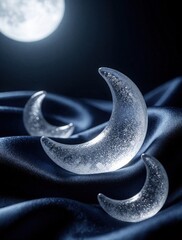 Fototapeta premium Three glass crescent moons rest on dark blue satin fabric. Glittery moon shapes glow under soft light. Dreamy night background with moonlight, cosmic textures. Elegant luxury textile surface provides