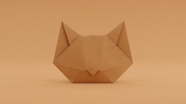 Orange origami paper cat head flat lay on a matching orange background