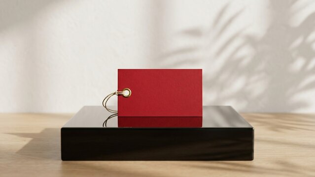 Blank red hang tag with golden eyelet and string mockup on a black reflective podium platform and wooden table with tropical leaf shadows on a white wall for luxury product branding.