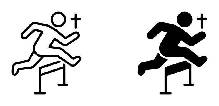 Hurdle race icons set with runner and finish line for sports and fitness