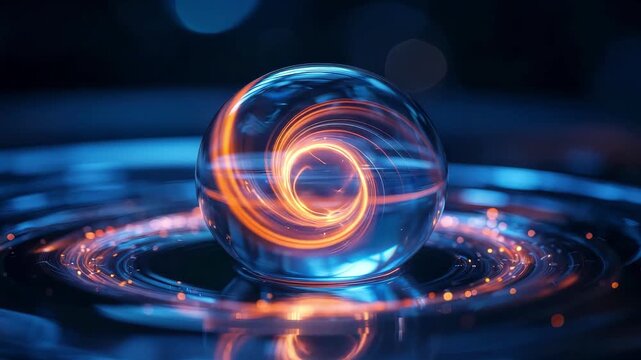 Glowing futuristic energy sphere with vibrant blue and orange light swirls in abstract digital