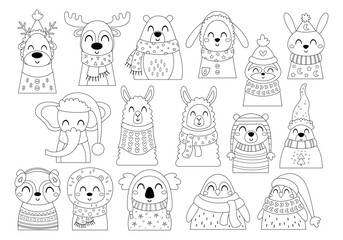 Fototapeta premium Winter animals coloring book, Christmas animals coloring page, Cute woodland animals digital stamps set, Holiday animal outline doodle, Xmas line art.