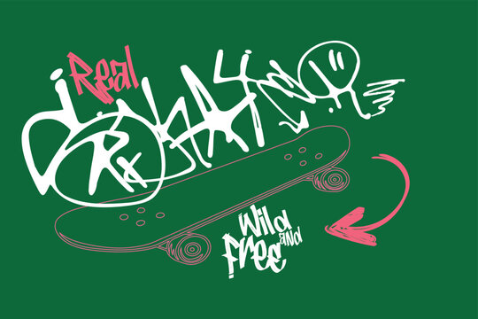 Urban skateboard typography design with street art graffiti tags, handstyle lettering, smiley face and wild and free quote vector illustration
