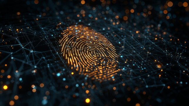 Glowing digital fingerprint scanner representing cybersecurity network identification and personal data protection technology concept in futuristic blue light