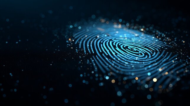 Glowing futuristic digital fingerprint scan security technology concept rendered in striking blue light with bokeh details