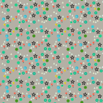 Seamless pattern of colorful stylized flowers and clover shapes