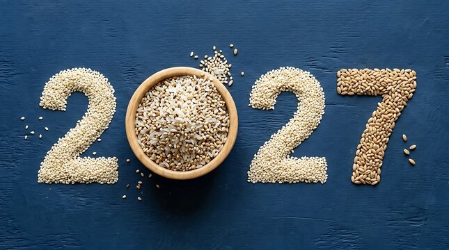 Grains forming the year 2027 on a dark blue textured background