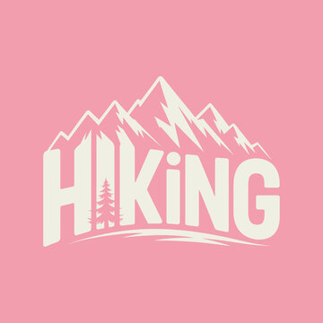 Vintage outdoor hiking typography emblem with mountain peaks silhouette, pine tree and adventure logo on pink background vector illustration