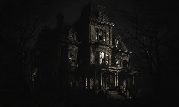 Dark Victorian Mansion Framed by Bare Trees with Illuminated Windows at Night