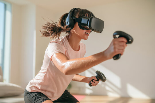 Young woman exercising at home with a virtual reality headset and handheld motion controllers