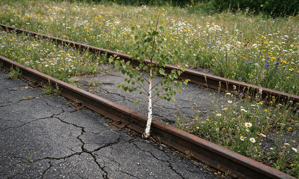 Birch Tree Growing Through Abandoned Railway Tracks
