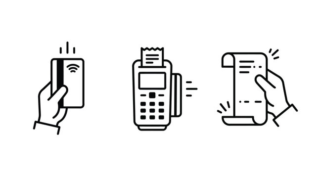 Contactless payment process with credit card, pos terminal and receipt icon set