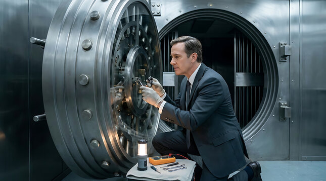 Security engineer inspecting vault door mechanism with tools