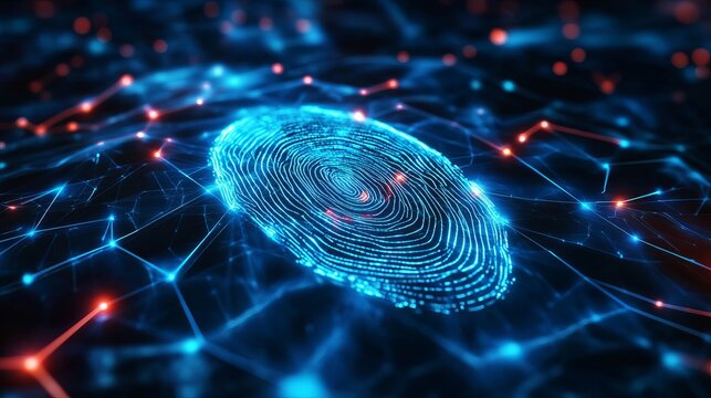 Glowing digital biometric fingerprint recognition security scan over futuristic cyberspace network visualization with glowing abstract light nodes
