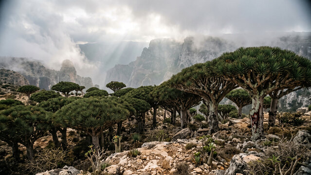 Endemic dragon blood trees growing on rocky highland plateau under cloudy sky