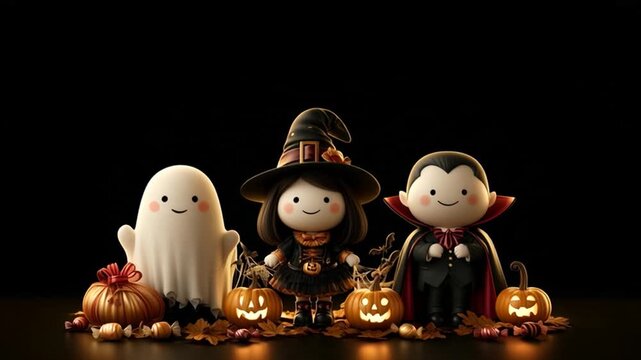 Set of animated cartoon Halloween characters, including a witch, Dracula, and a dancing witch, on a dark background.
