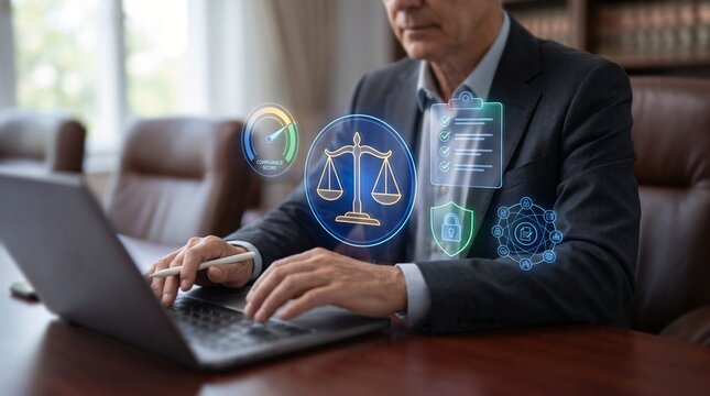 Regulatory compliance checklist and legal governance monitoring system, corporate legal officer reviewing statutory audit metrics with scales of justice icon on laptop in modern office space.