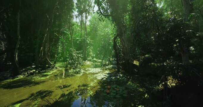 sunlit forest clearing with glowing golden beams and small reflective pond, calm glade offers meditative retreat setting for wellness and nature therapy, warm