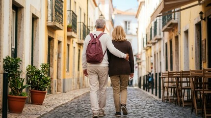 Fototapeta premium Senior couple hugging and walking together on a narrow Lisbon street, back view.