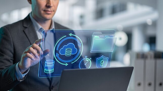 Cloud data storage and automated archiving file backup solution system, corporate executive syncing business records with holographic cloud database dashboard on laptop in modern office space.