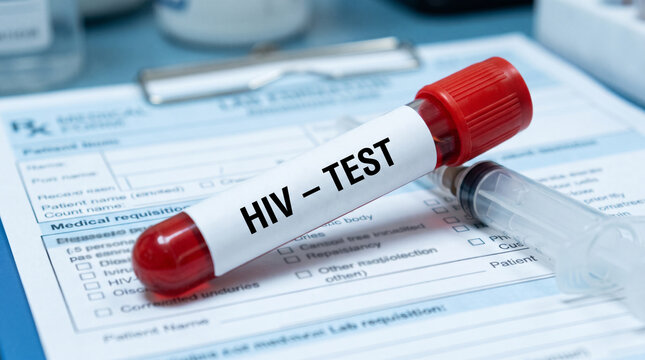 Medical blood collection tube with hiv test label on a laboratory requisition form