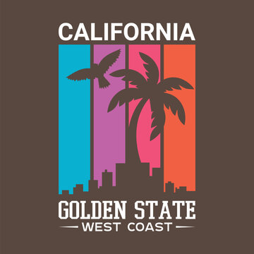 Vintage California Golden State West Coast typography emblem with palm tree, retro vertical colorful stripes, flying bird and city skyline silhouette vector illustration